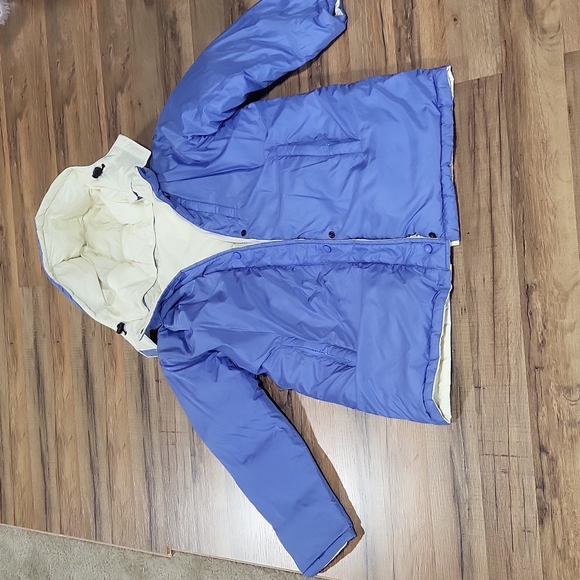 LANDS' END Ivory Blue Reversible Nylon & Down Puffer Coat with Detachable Hood - Picture 8 of 15